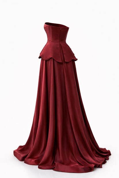 Burgundy Strapless Embroidered Satin Evening Dress